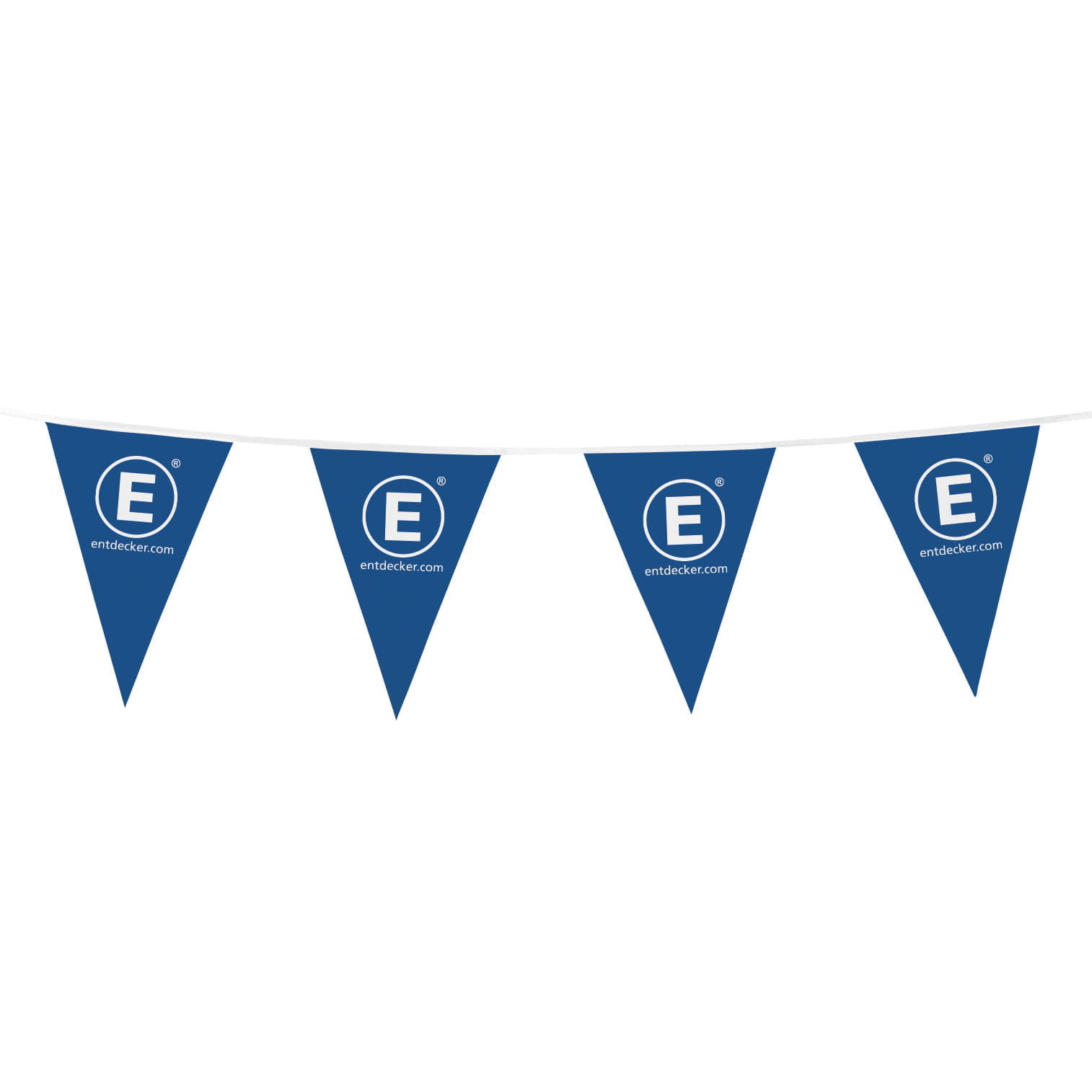 Wimpelkette bedruckt Blaue Wimpelkette mit weißen Buchstaben E und der Website entdecker.com
