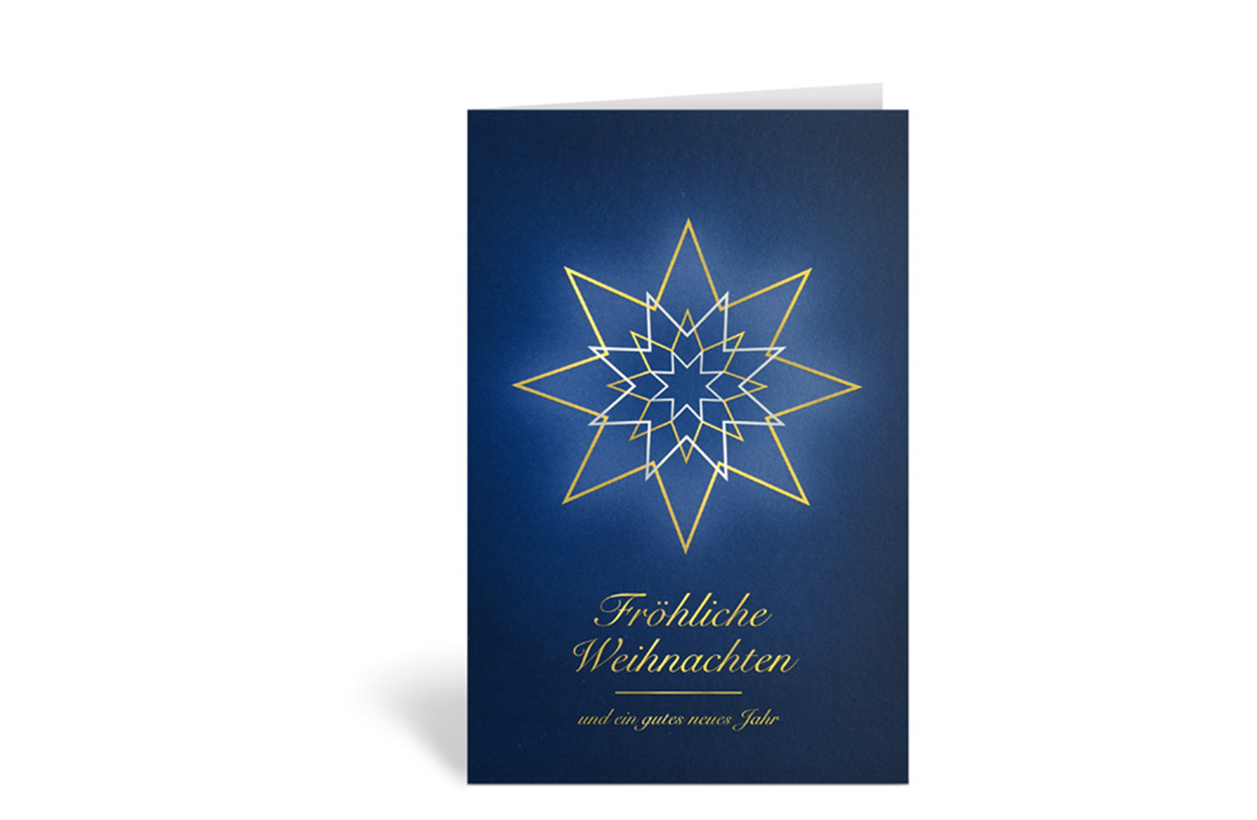 Blaue Weihnachtskarte mit einem gold- und silberfarbigen Stern und dem Text: Fröhliche Weihnachten und ein gutes neues Jahr