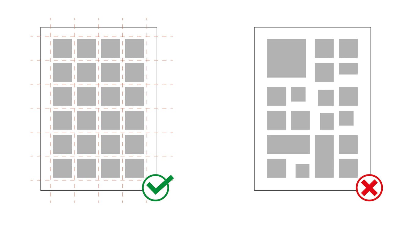 Plano Druckbogen Beispiel Vergleich von zwei Druckbogen-Layouts: links korrekt angeordnet mit gleichmäßigen Kästchen, rechts fehlerhaft mit unregelmäßigen Kästchen.