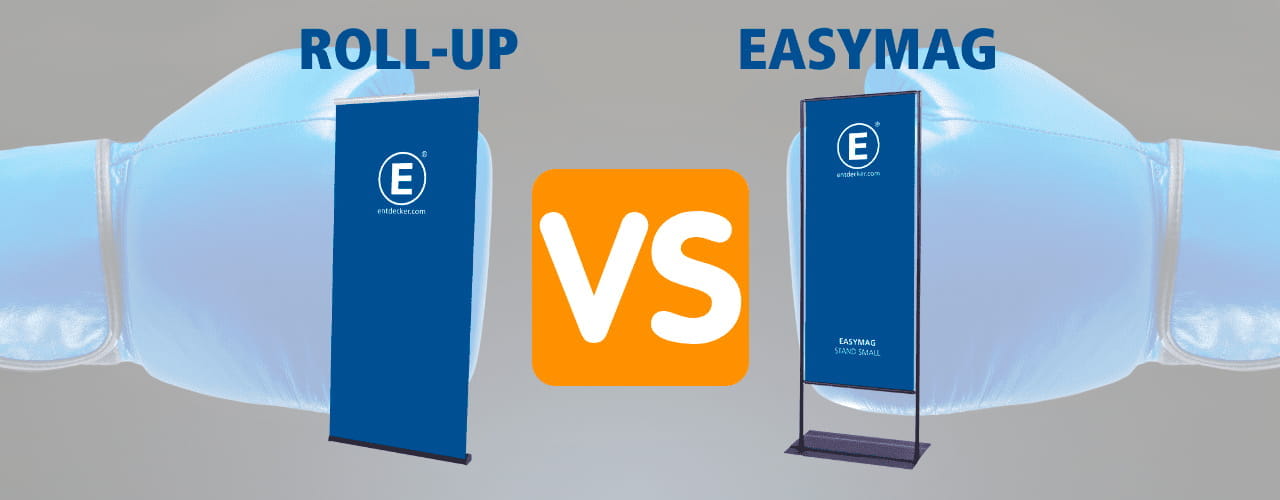 Vergleich von Roll-Up-Displays Vergleich zwischen zwei Roll-Up-Displays: links 'ROLL-UP' und rechts 'EASYMAG', beide von ENTDECKER.