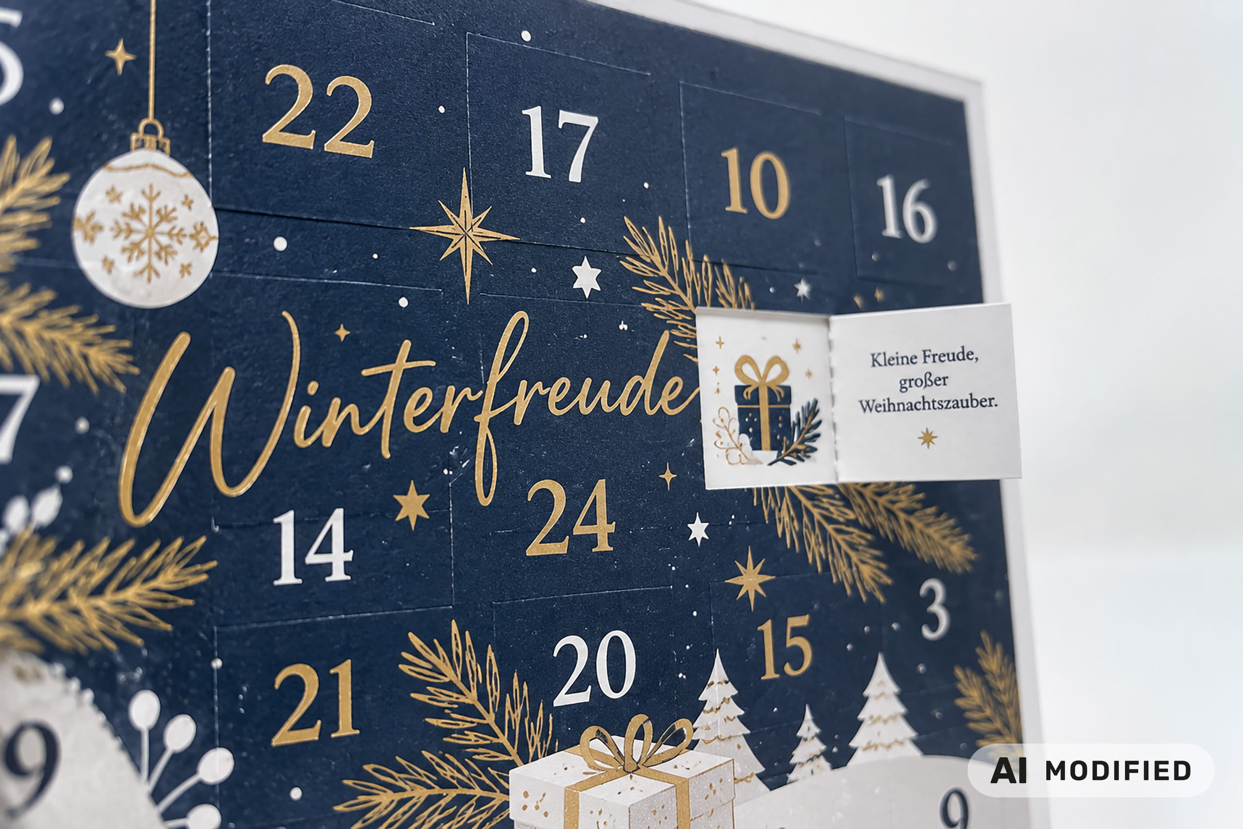 Hochwertig bedruckte Adventskalender-Grußkarte mit weihnachtlichem Design, nummerierten Türchen und geöffneter Grußbotschaft.