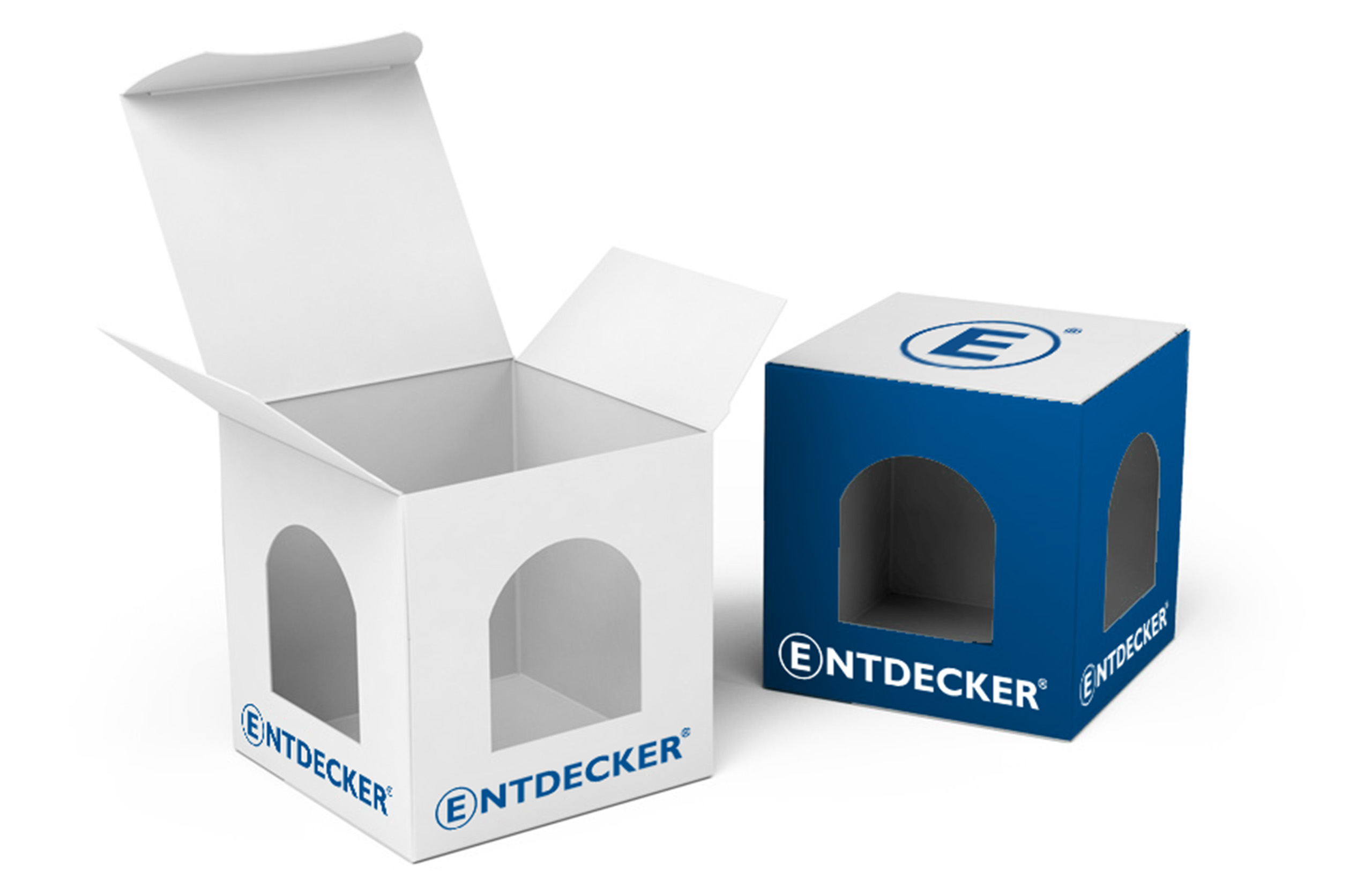 Zwei leere Weihnachtskugelboxen aus Chromosulfatkarton blau bedruckt in Entdecker-Design.