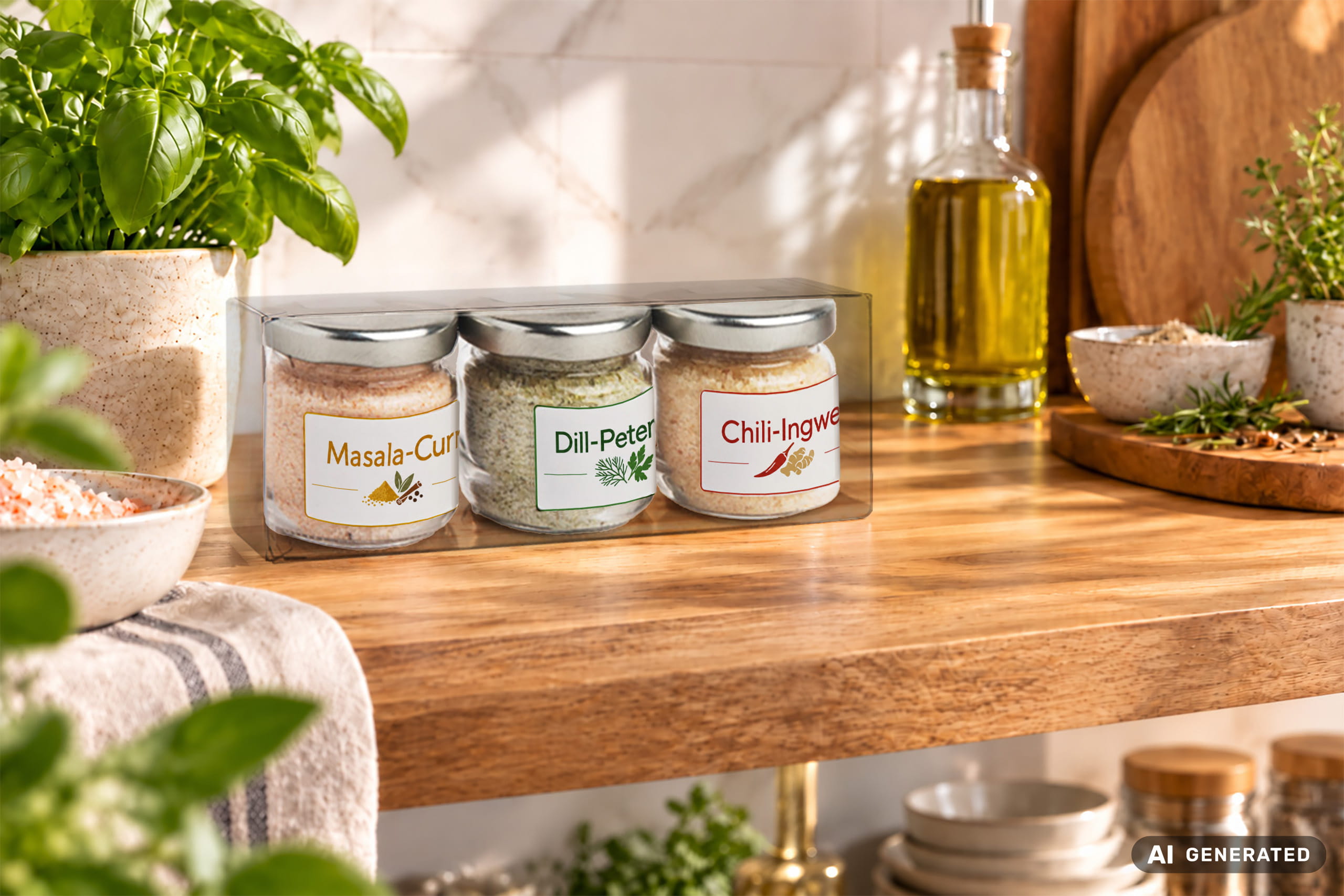 Drei dekorativ verpackte Gläser mit Gourmetsalz in den Sorten Masala-Curry, Dill-Petersilie und Chili-Ingwer auf einem Holzregal in einer stilvollen Küchenumgebung.