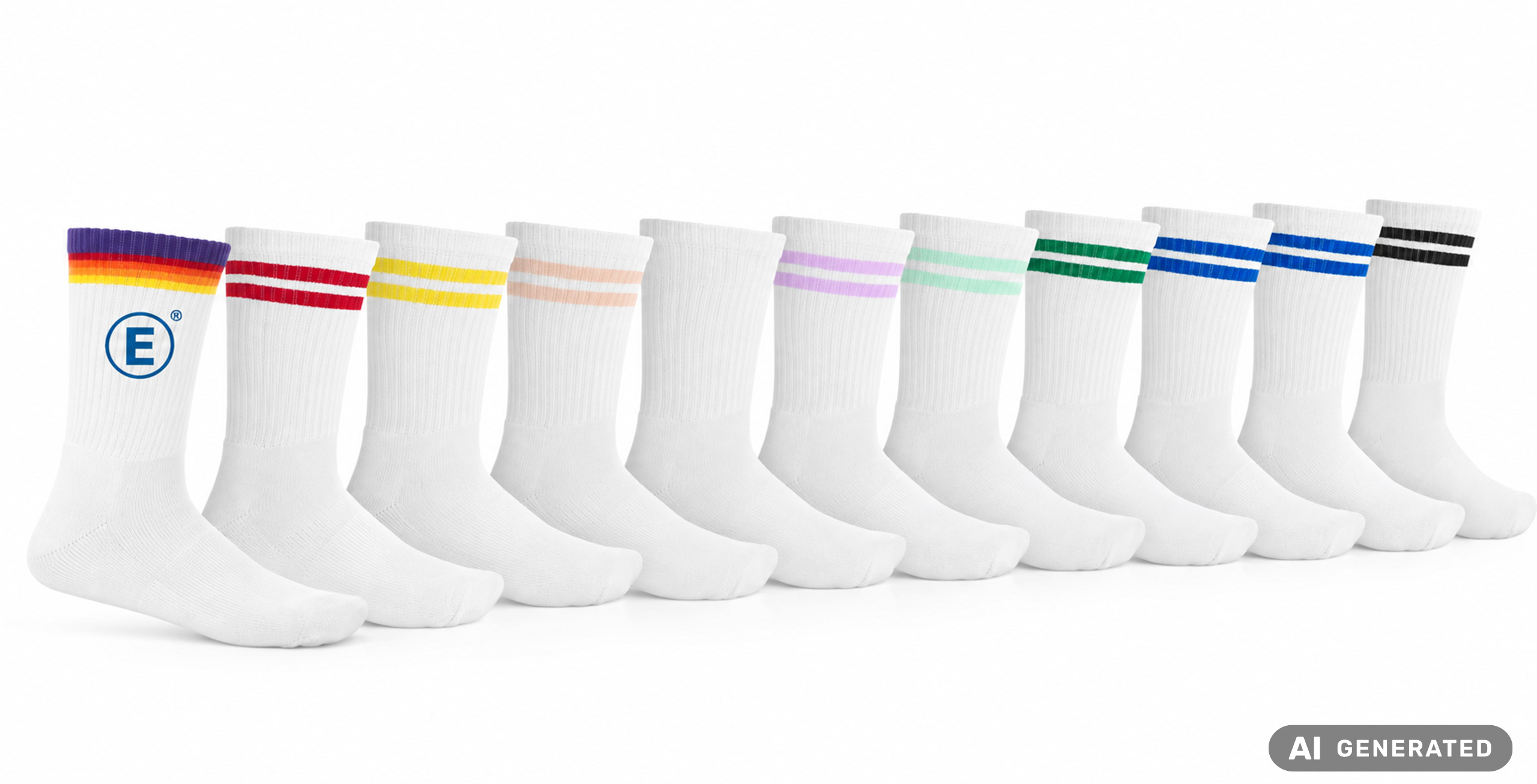 Elf Tennissocken neben einander mit unterschiedlicher Bundfarbe. Auf die vorderste Socke ist das blaue Entdecker Logo gedruckt.
