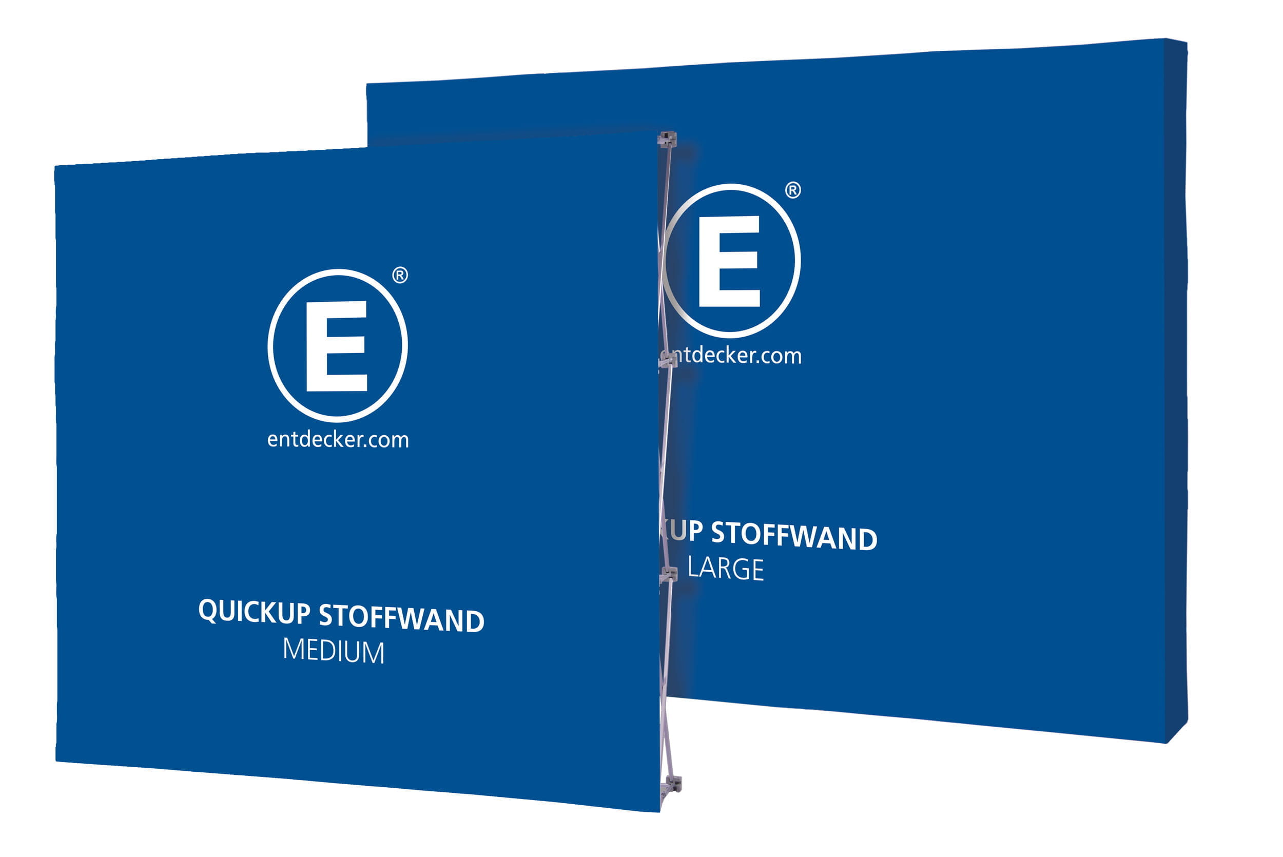 Messewand Quickup Stoffwand Medium Large Messewand Quickup Stoffwand Medium und Large in Blau mit dem Logo von ENTDECKER.