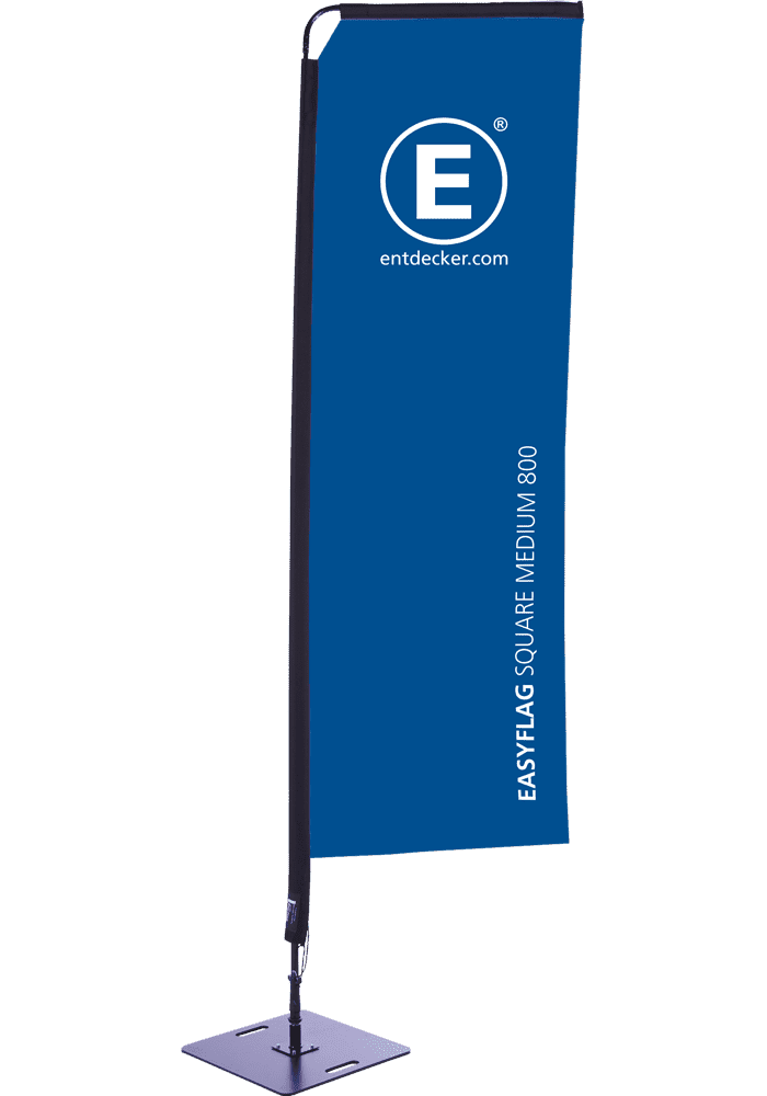 Beachflag in rechteckiger Form Rechteckige Beachflag von ENTDECKER in Blau mit dem Text 'EASYFLAG SQUARE MEDIUM 800' und Logo.