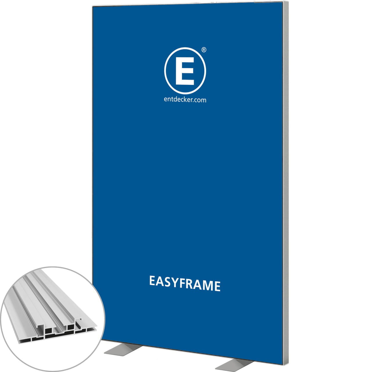 Textilspannrahmen "Easyframe" Textilspannrahmen 'Easyframe' in Blau mit grauem Standfuß, Detailansicht des Rahmens.