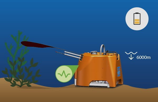 Beachflag Easyflag Micro Daten Erfassen Produkt 'Beachflag Easyflag Micro Daten Erfassen', orangefarbener Datenlogger mit Sensoren, unter Wasser in einer maritimen Umgebung.