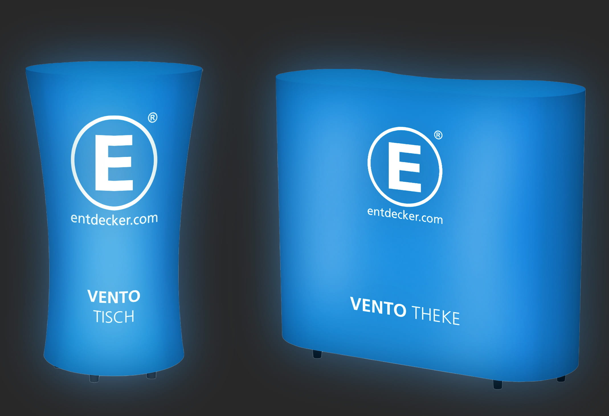 Vento Tisch Theke Leuchtend Leuchtende Vento Tisch und Theke von ENTDECKER in Blau mit Logo.