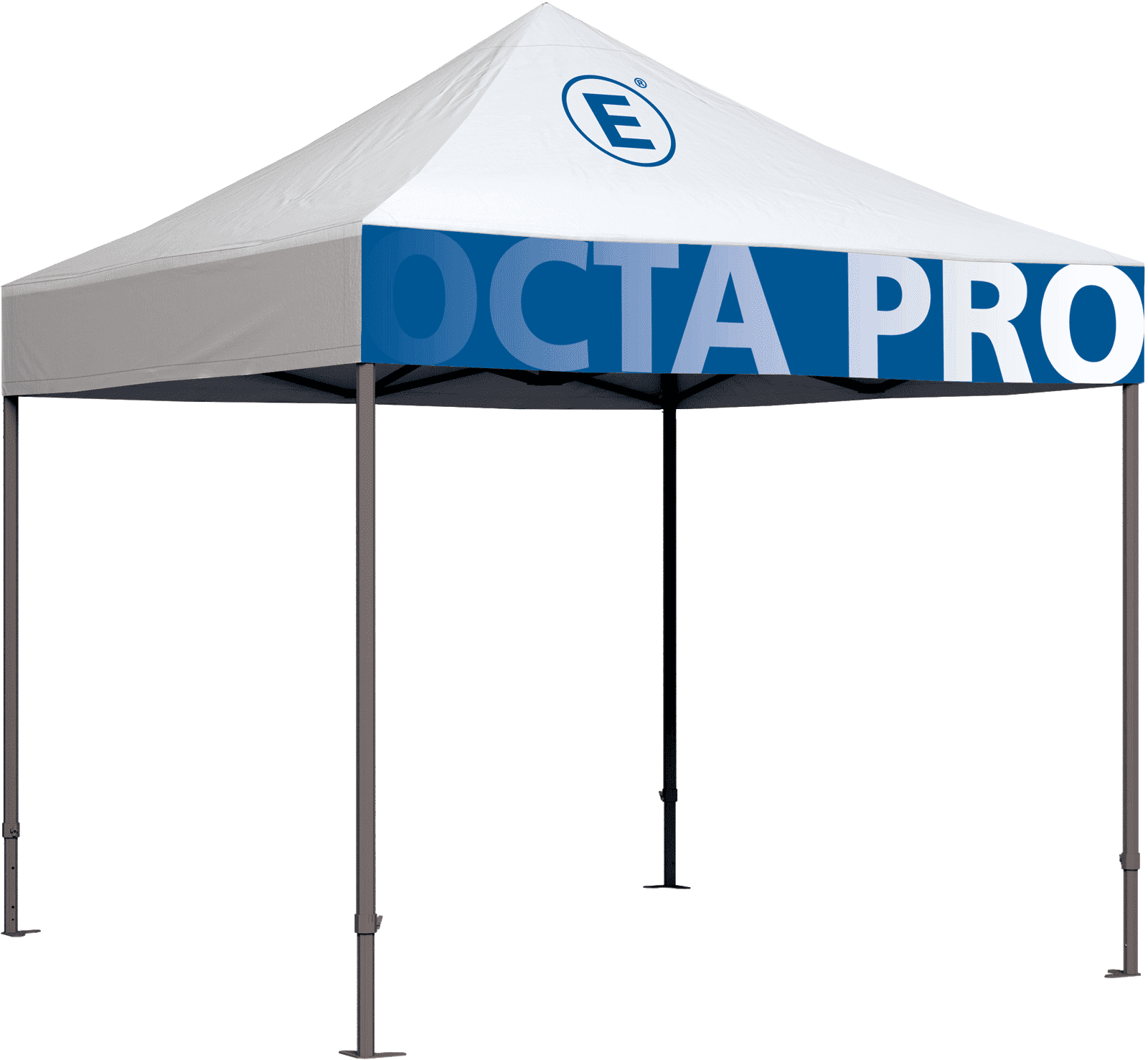 Faltzelt 3x3m Octa Pro Volldruck Faltzelt 3x3m Octa Pro mit vollem Druck in Blau und Weiß, markiert mit dem Logo von ENTDECKER.