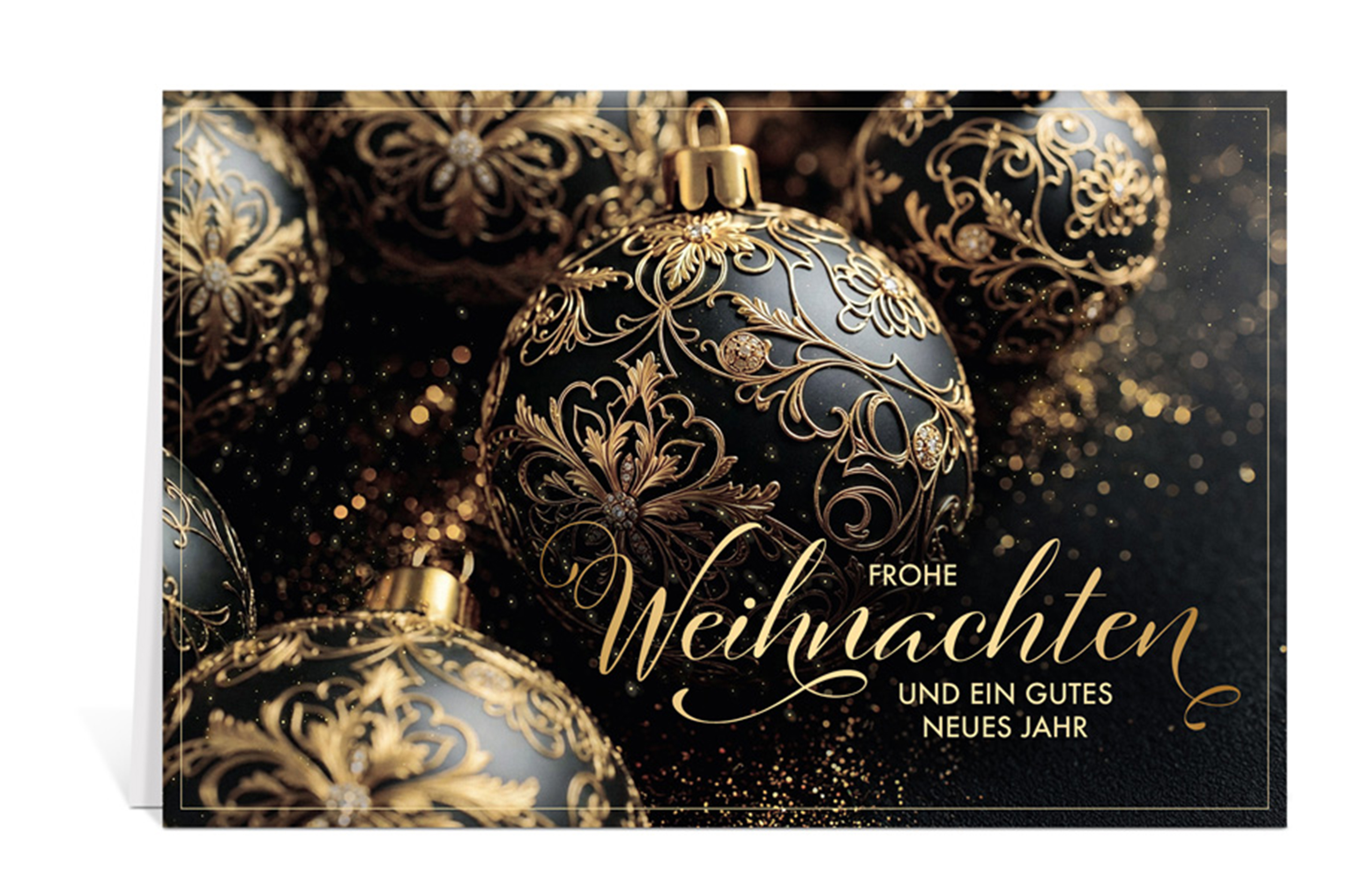 Weihnachtskarte mit schwarz-goldenen Christbaumkugeln und dem Text: Frohe Weihnachten und ein gutes neues Jahr