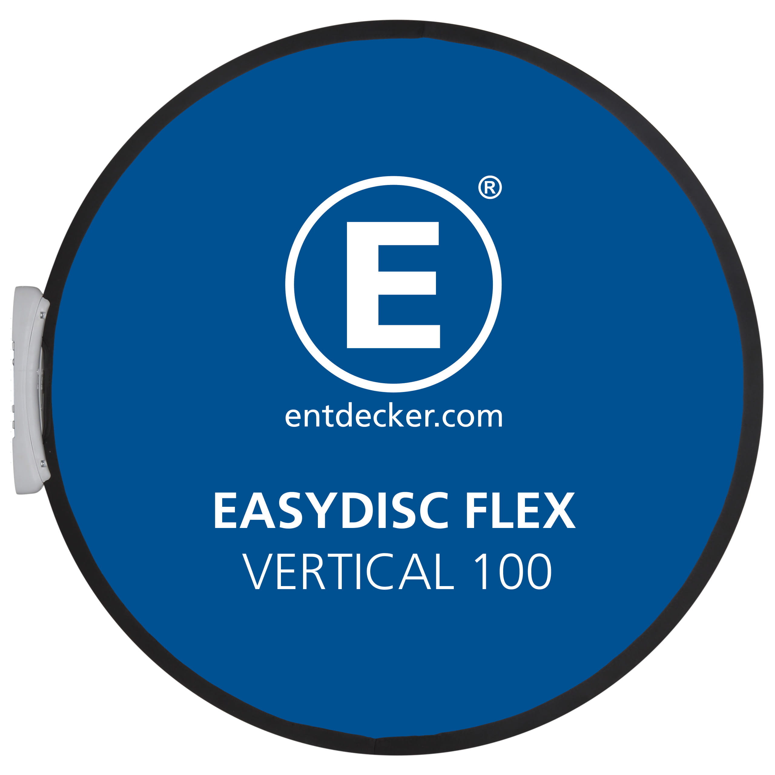 Easydisc Set Vertical 100 Standard Werbedisplay Easydisc Set Vertical 100 in Blau mit dem Schriftzug EASYDISC FLEX VERTICAL 100 und dem Logo von ENTDECKER.