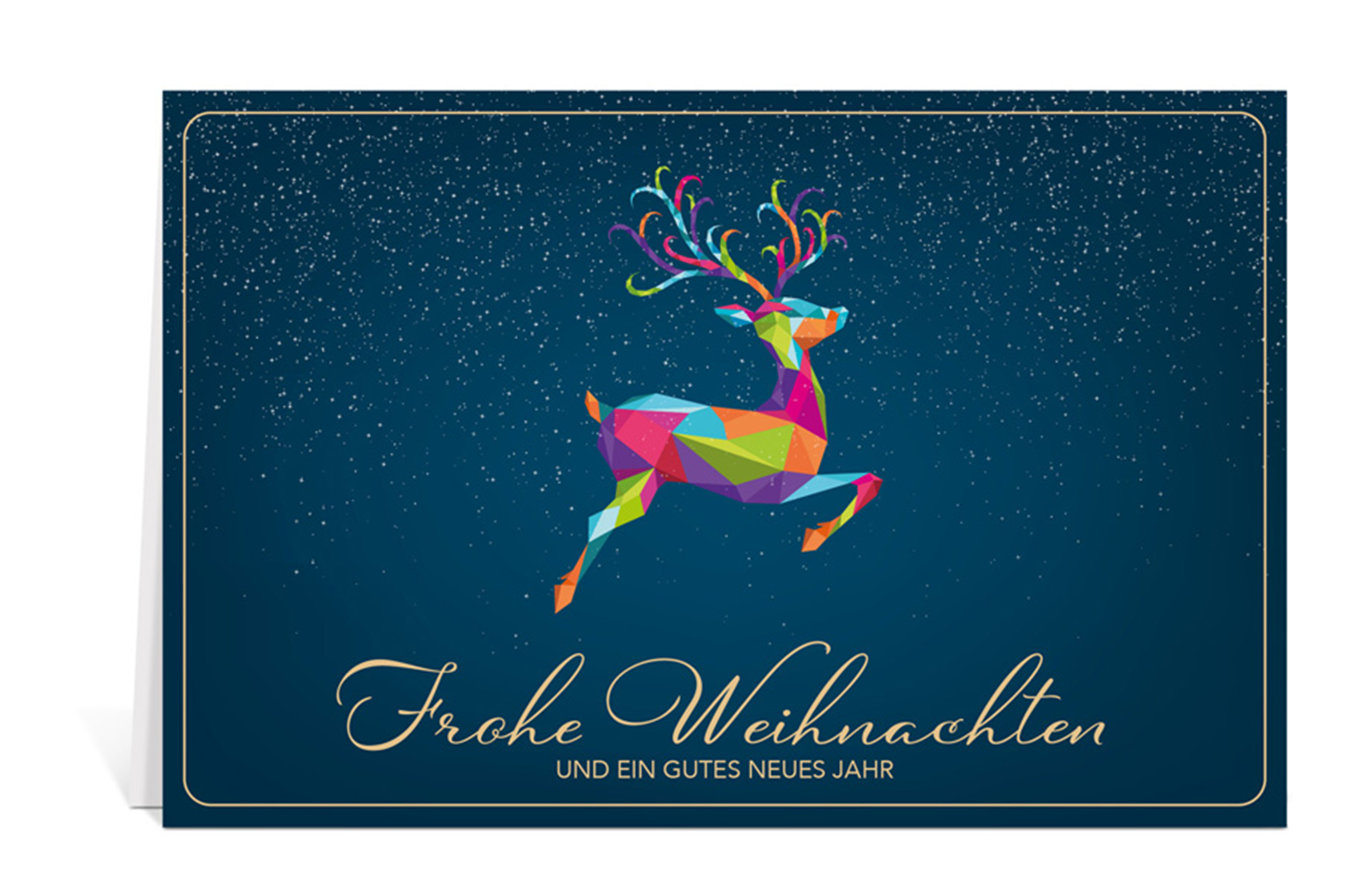 Blaue Weihnachtskarte mit einem bunten Rentier in der Mitte und dem Text: Frohe Weihnachten und ein gutes neues Jahr