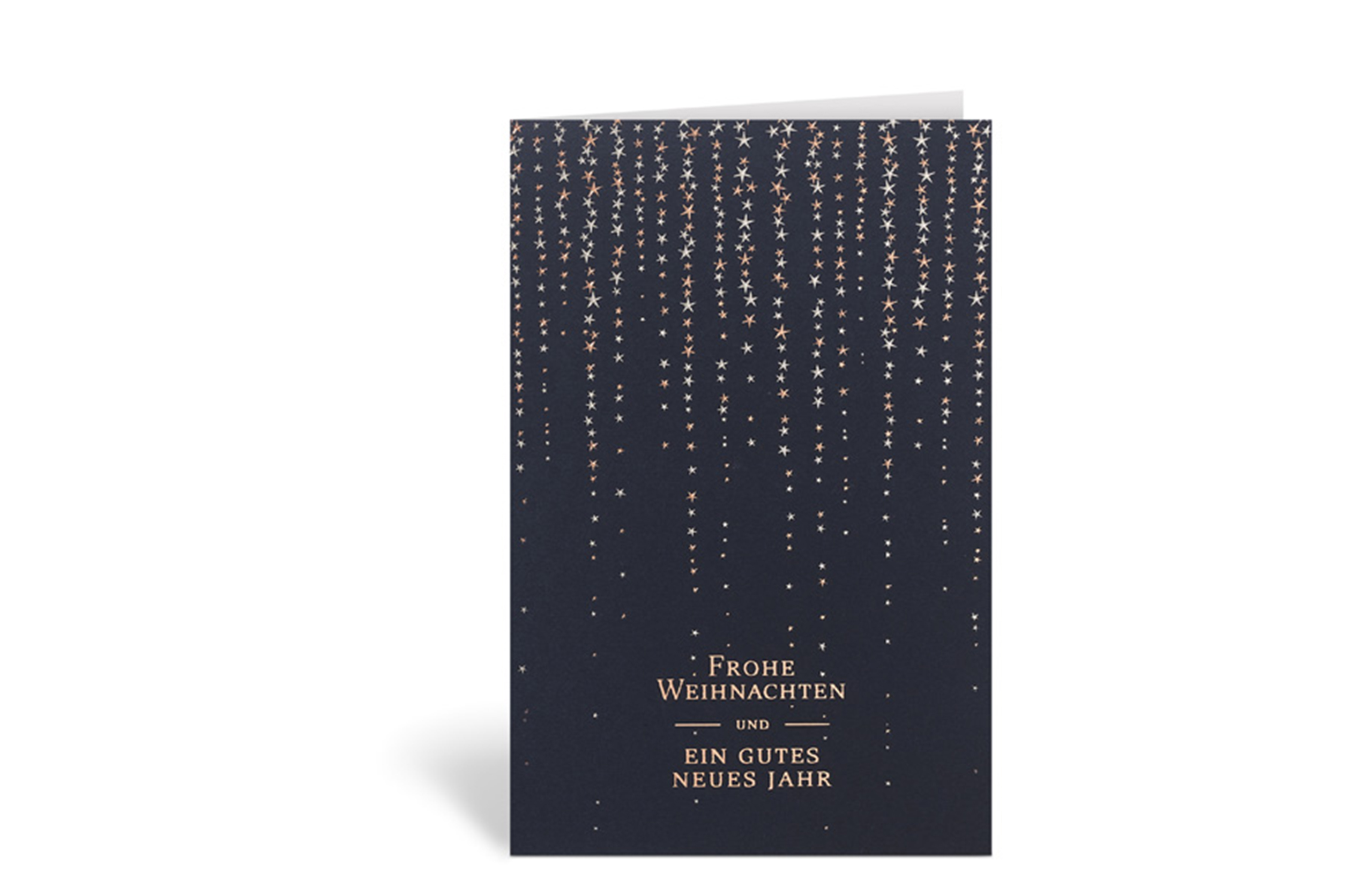 Dunkle Weihnachtskarte mit hellen Sternen, die wie ein Lichterregen von oben herunterfallen und dem Text: Frohe Weihnachten und ein gutes neues Jahr