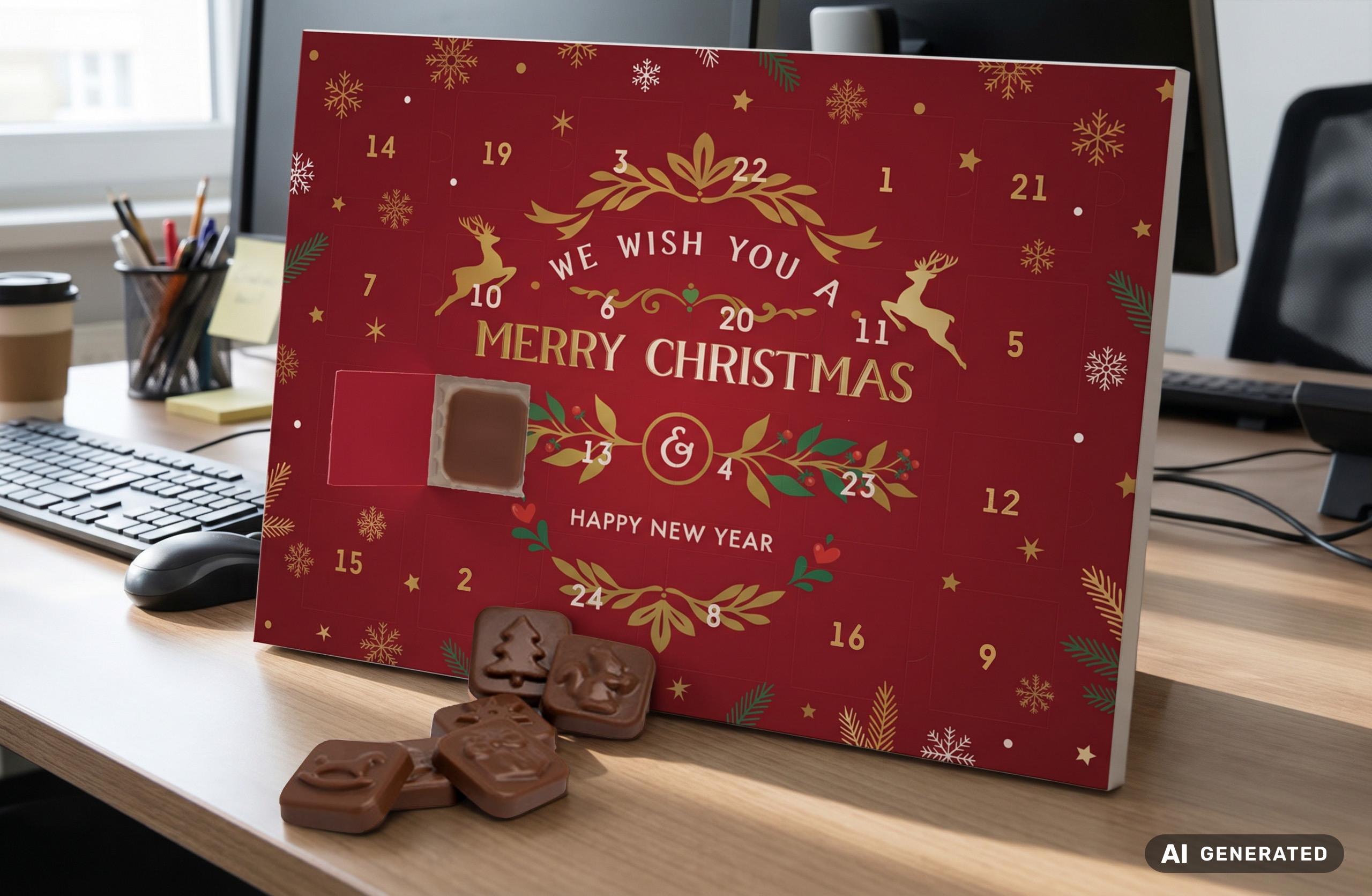 Roter Schokoladen-Adventskalender mit goldenen Weihnachtsornamenten, Rentieren und der Aufschrift „We wish you a Merry Christmas“ auf einem Bürotisch. Davor liegen mehrere Schokoladenstücke mit weihnachtlichen Motiven.