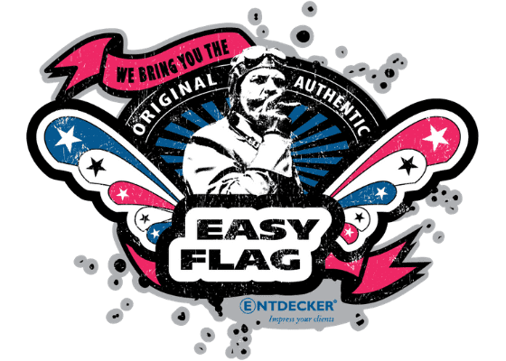 Die originale Easyflag Logo von Easyflag mit einem Piloten, umgeben von Sternen und Streifen in Rot, Weiß und Blau.