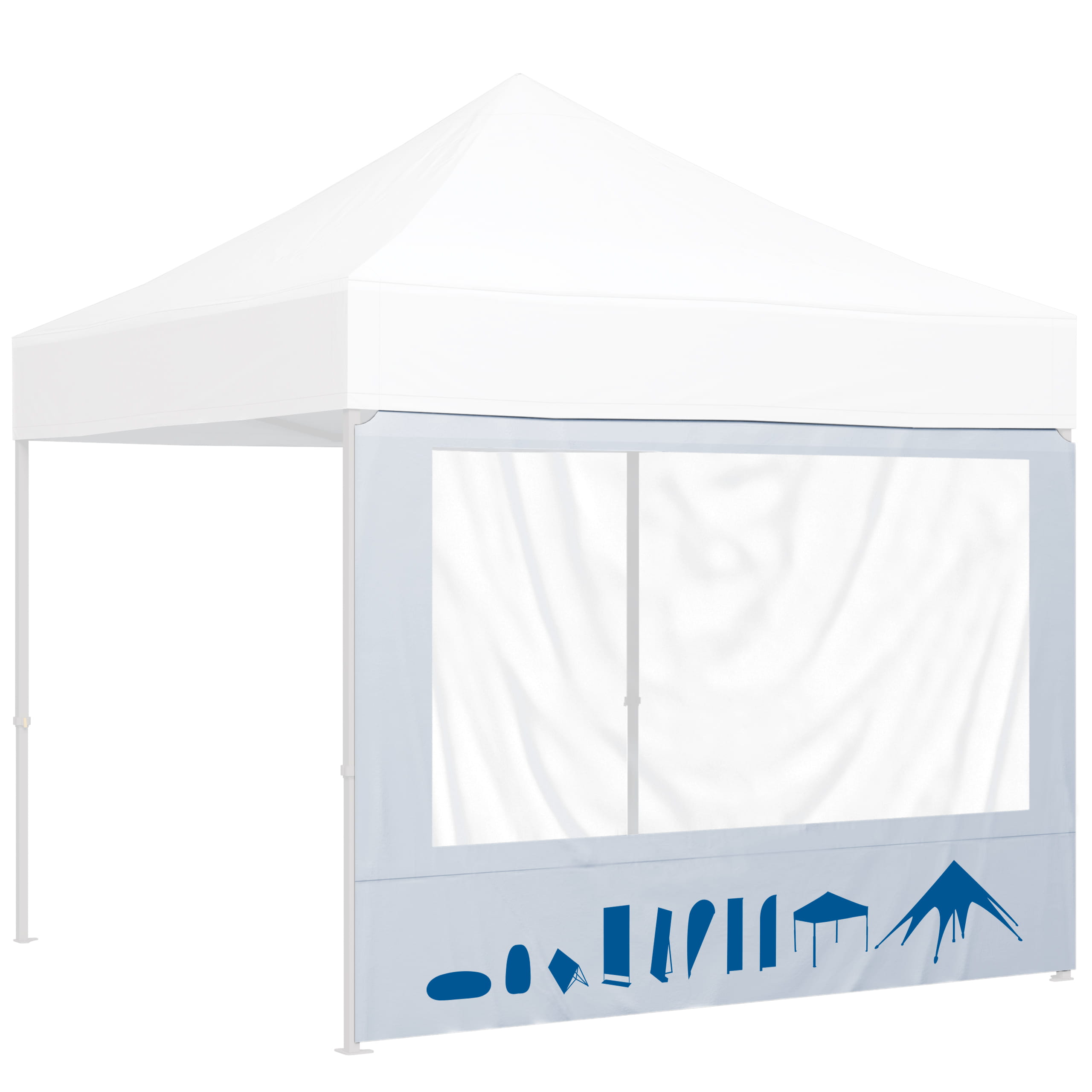 Zelt Wand mit Panoramafenster 3m B1 mit Volldruck Zelt Wand mit Panoramafenster, 3m, B1, Volldruck, in hellblau mit transparentem Fenster.