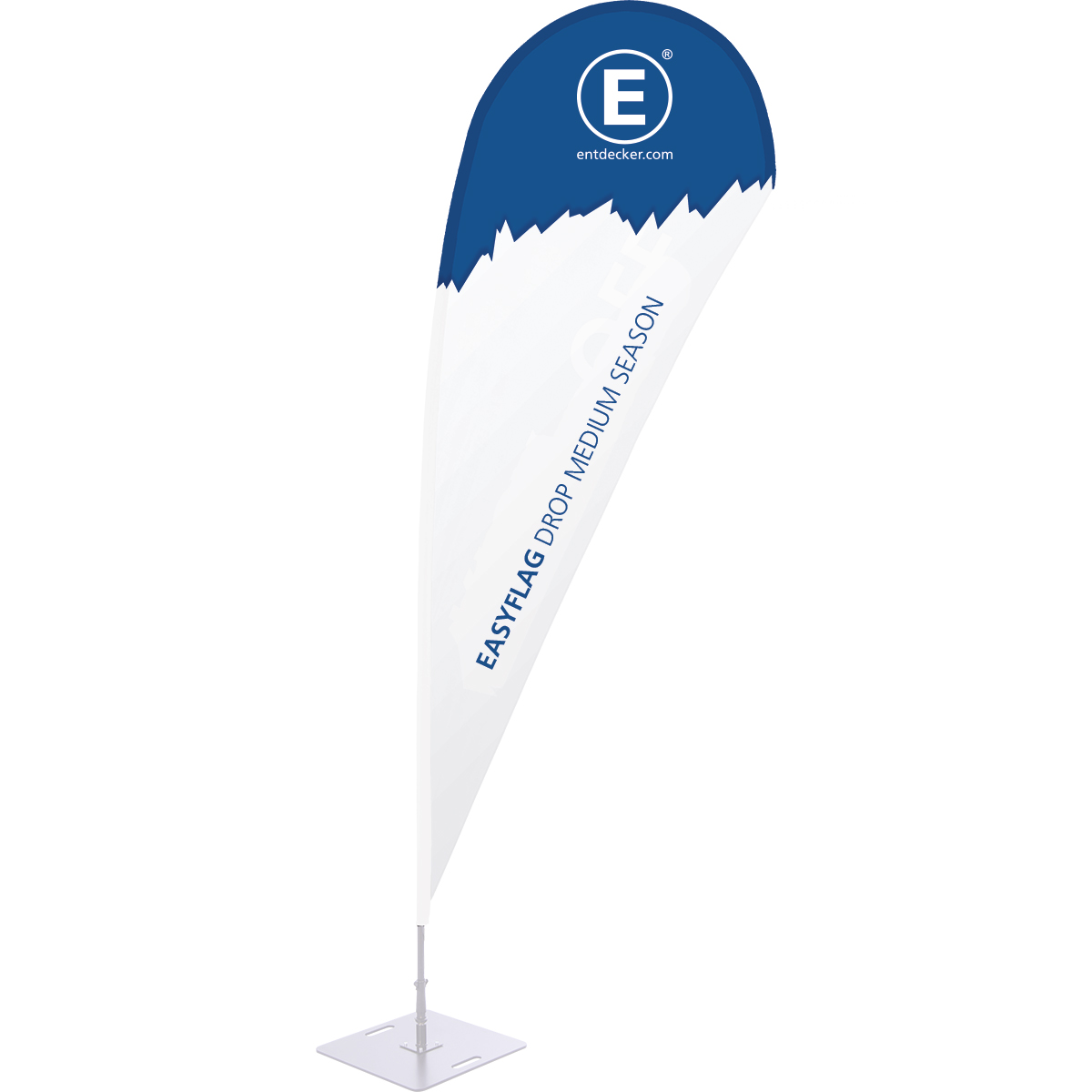 Beachflag Easyflag Drop Medium Season in blau-weißer Farbgestaltung mit dem Text EASYFLAG DROP MEDIUM SEASON