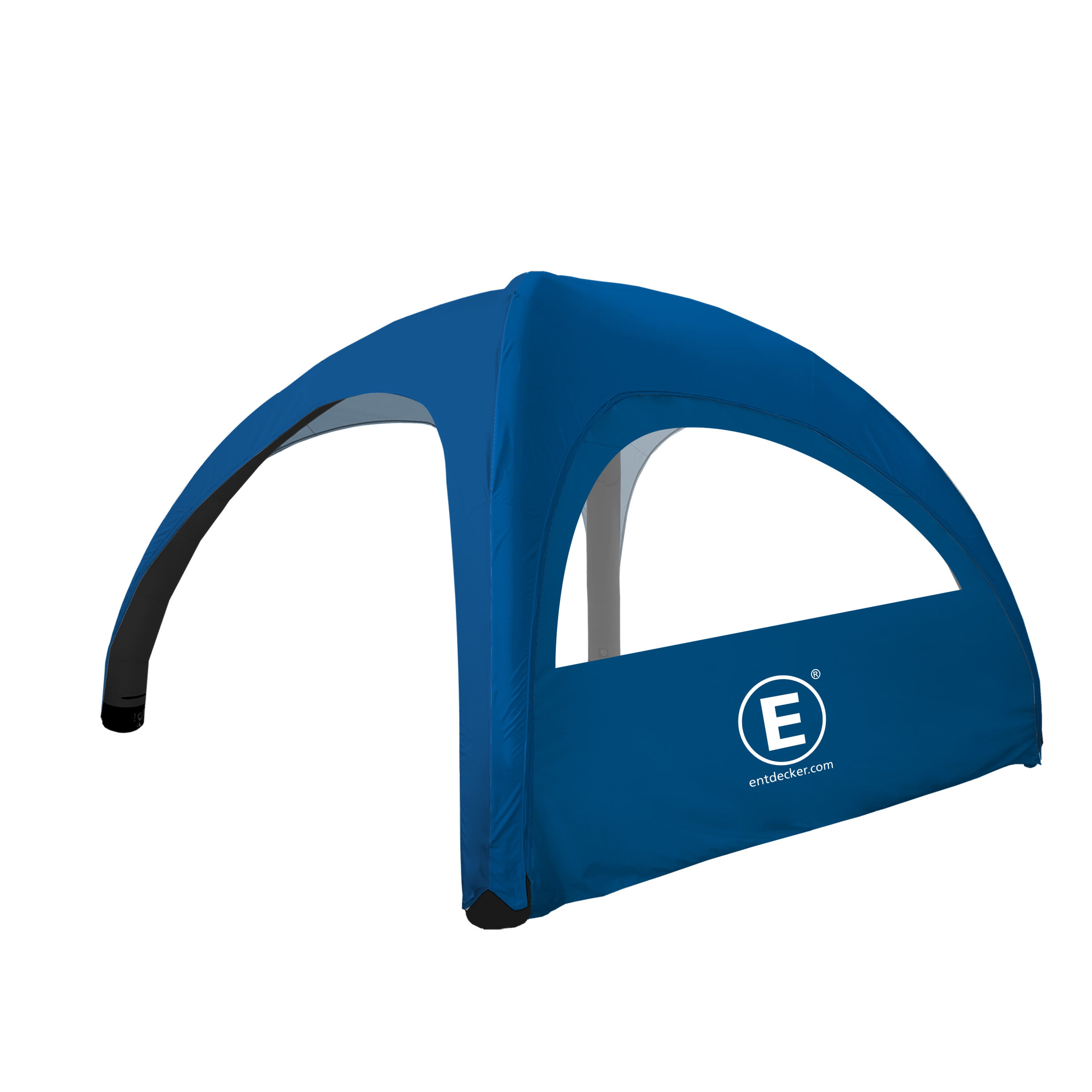 Blaus aufblasbares Zelt mit Seitenwand mit Fenster, bedruckt mit Entdecker Logo