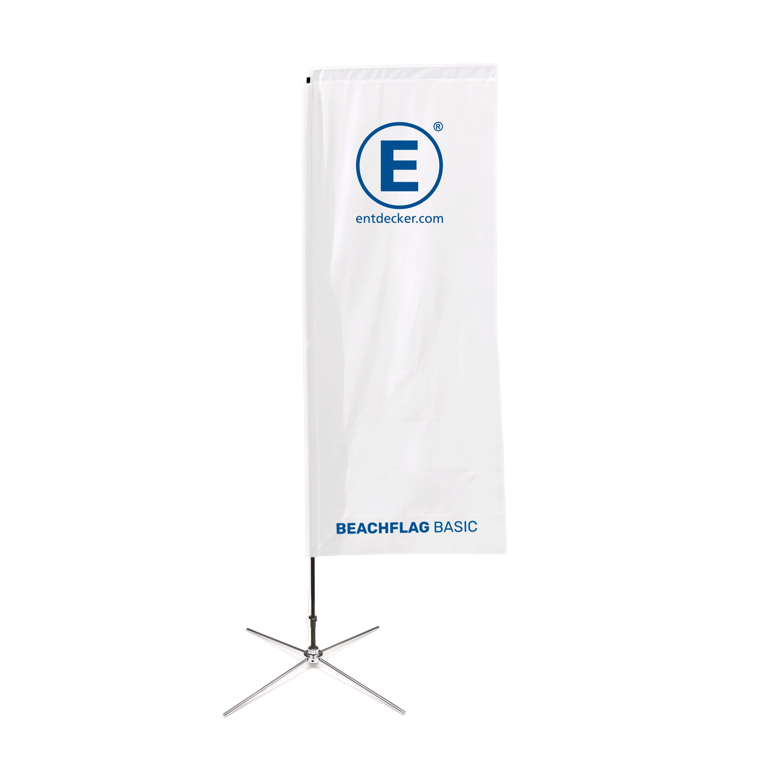 Beachflag Basic Square Weißes Beachflag Basic mit dem Logo von ENTDECKER und der Website entdecker.com, auf einem stabilen Standfuß.