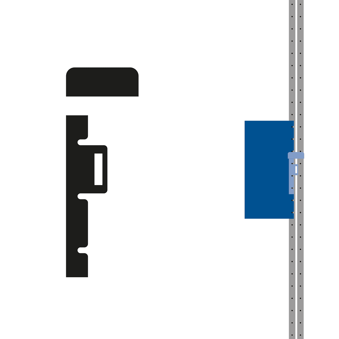 Gleithaken Gleithaken von ENTDECKER, dargestellt in einer schematischen Ansicht mit einem grauen Haken und einer blauen Halterung.