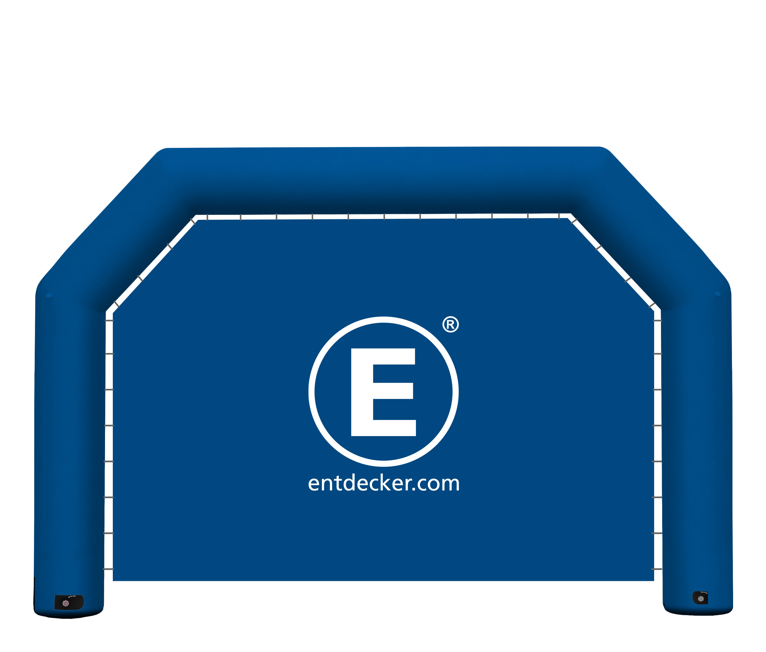Blauer aufblasbarer Torbogen Pascal polygonal mit blauer Rückwand bedruckt mit weißem Entdecker Logo