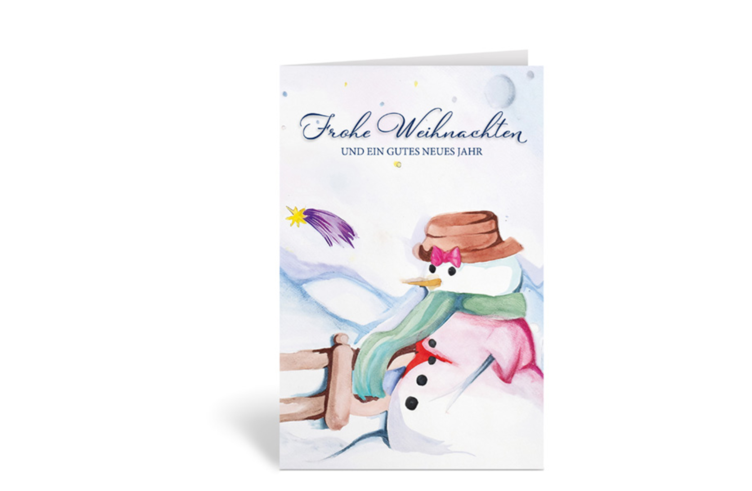 Weihnachtskarte mit einem gemalten Schneemann und Text: Frohe Weihnachten und ein gutes neues Jahr