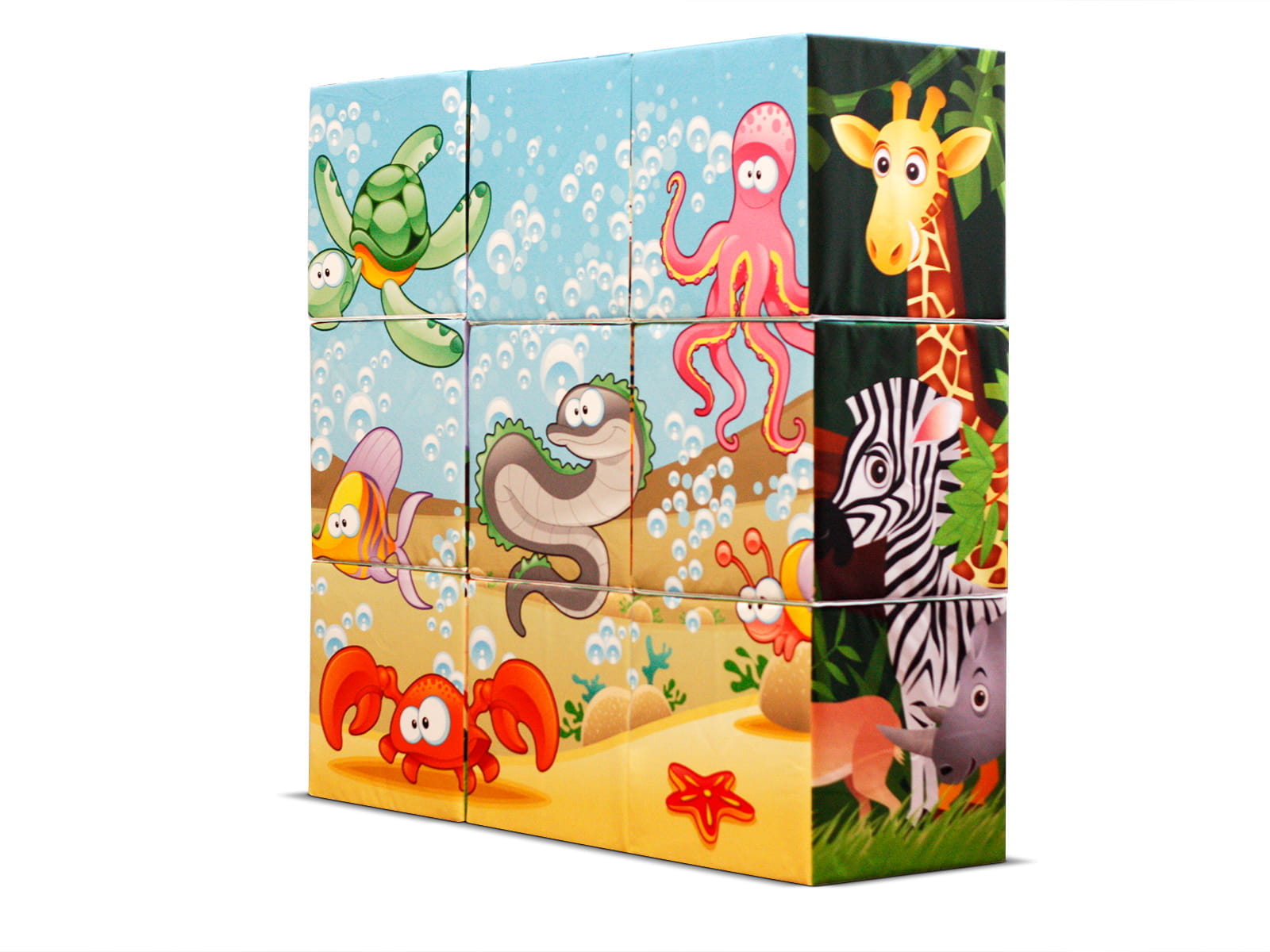 Sitzwürfel Puzzle für den Kindergarten Sitzwürfel Puzzle Kindergarten von ENTDECKER mit bunten Tiermotiven wie Schildkröte, Oktopus und Giraffe.