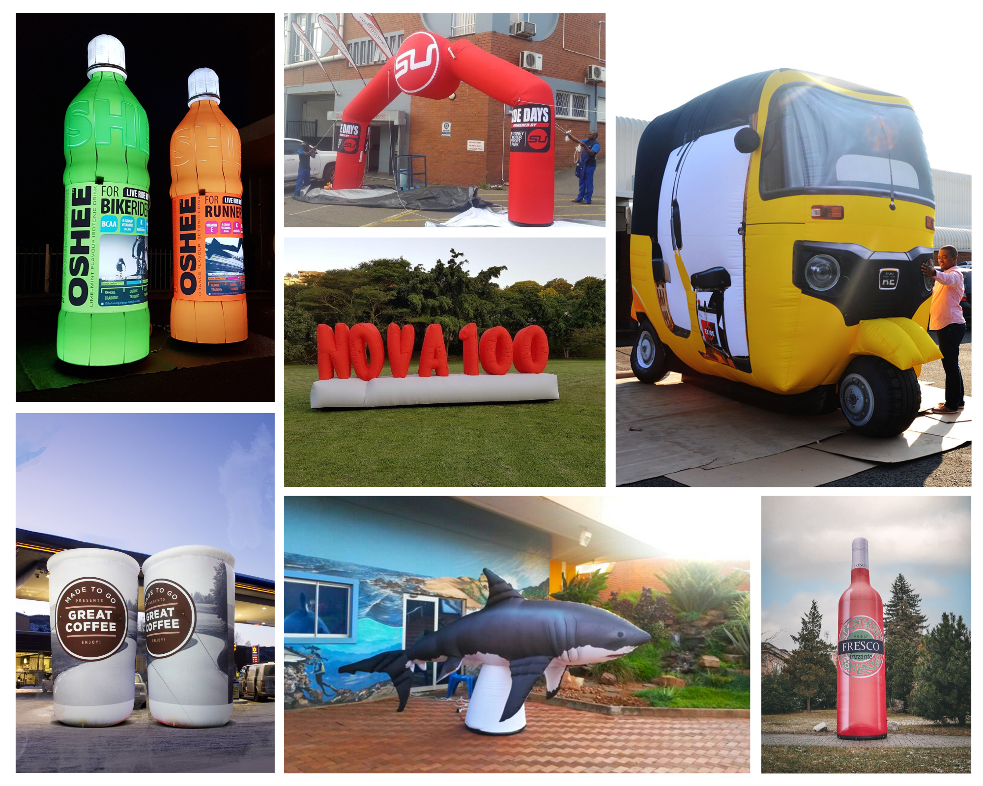 Einsatzbeispiele individuelle Inflatables Kollage von individuellen Inflatables: Getränke, Tor, Schriftzug, Auto, Haifisch und Flasche.