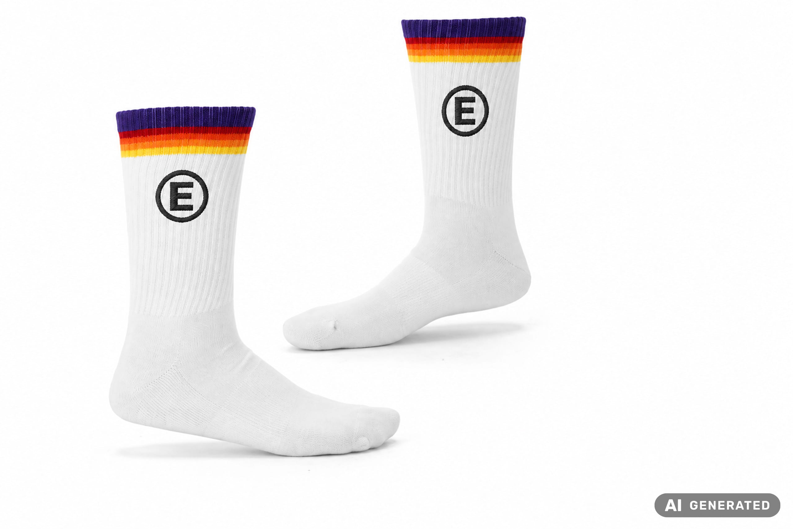 Weiße Tennissocke mit buntem Bund in Blau, Rot, Orange und Gelb mit aufgedrucktem blauem Entdecker Logo.