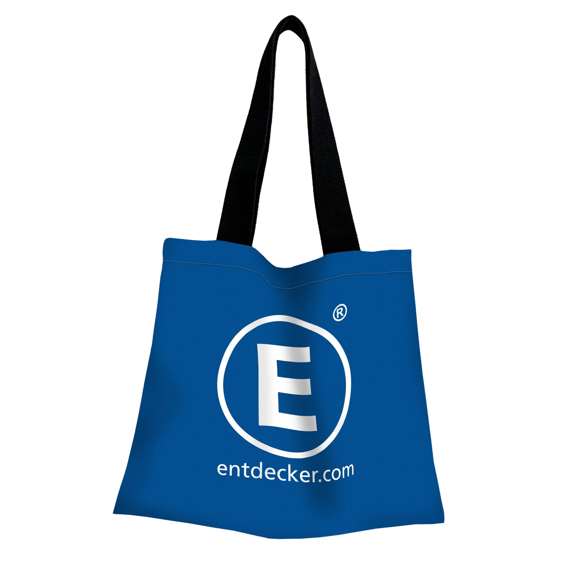 Tragetasche bedruckt Blaue Tragetasche mit schwarzem Henkel und dem Logo von ENTDECKER sowie der Website entdecker.com.