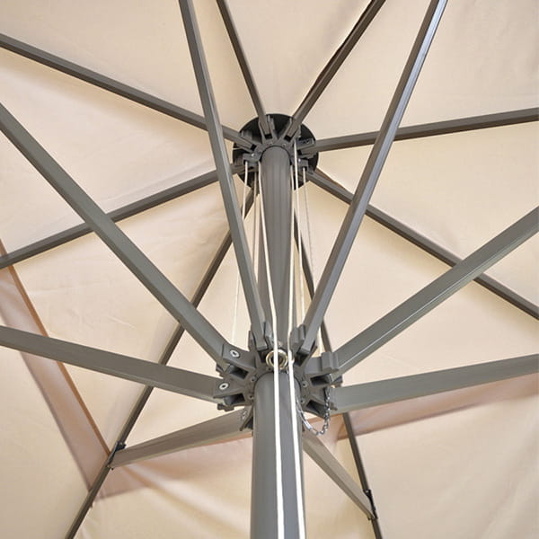 Sonnenschirm Expert Konstruktion Unteransicht des Sonnenschirms 'Expert Konstruktion' mit sichtbarem Gestell und Seilmechanismus.