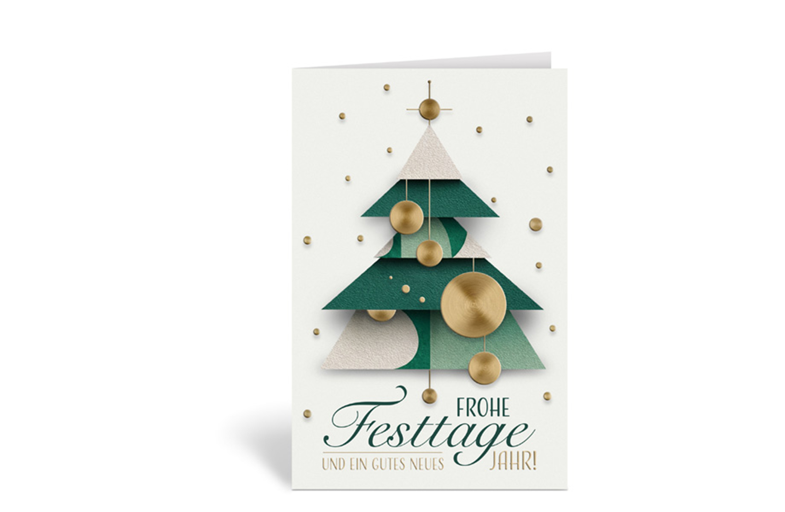 Weiße Weihnachtskarte mit einem grünen Weihnachtsbaum und goldenem Christbaumschmuck und dem Text: Frohe Festtage und ein gutes neues Jahr