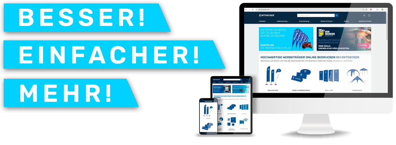 Header Neu Webseite von ENTDECKER mit dem Produkt 'Header Neu', zeigt verschiedene Geräte und Werbebotschaften: 'BESSER!', 'EINFACHER!', 'MEHR!'.