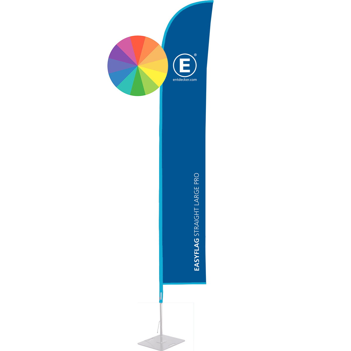 Beachflag in Segelform, einseitig bedruckt, von der Marke ENTDECKER, mit blauem Design und dem Schriftzug EASYFLAG STRAIGHT MEDIUM PRO.