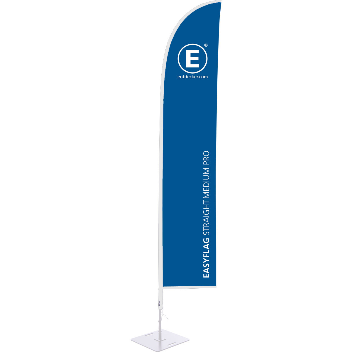 Beachflag in Segelform, einseitig bedruckt, von der Marke ENTDECKER, mit blauem Design und dem Schriftzug EASYFLAG STRAIGHT MEDIUM PRO.