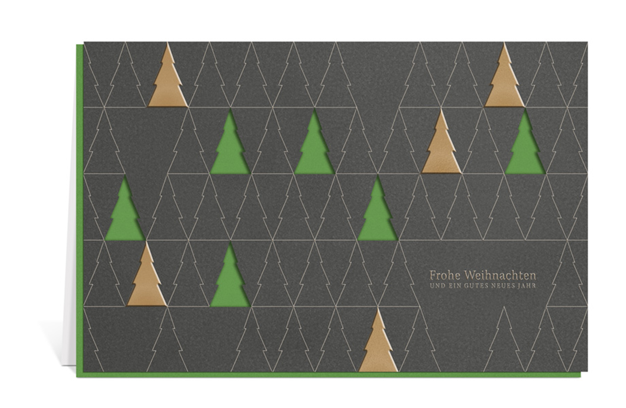 Weihnachtskarte mit Outlines, gefüllten Flächen und ausgestanzten vereinfachten Tannenbäumen, mit einem grünen Inlay dahinter, dazu der Text: Frohe Weihnachten und ein gutes neues Jahr