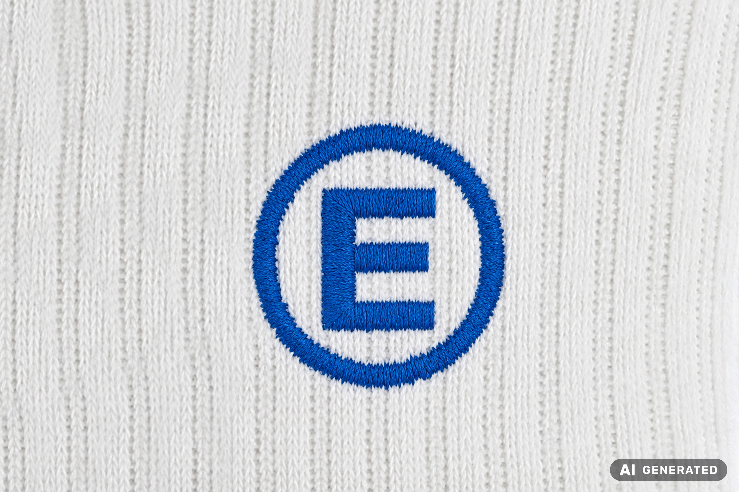 Detailansicht einer weißen Tennissocke, auf die das blaue Entdecker Logo gestickt wurde.