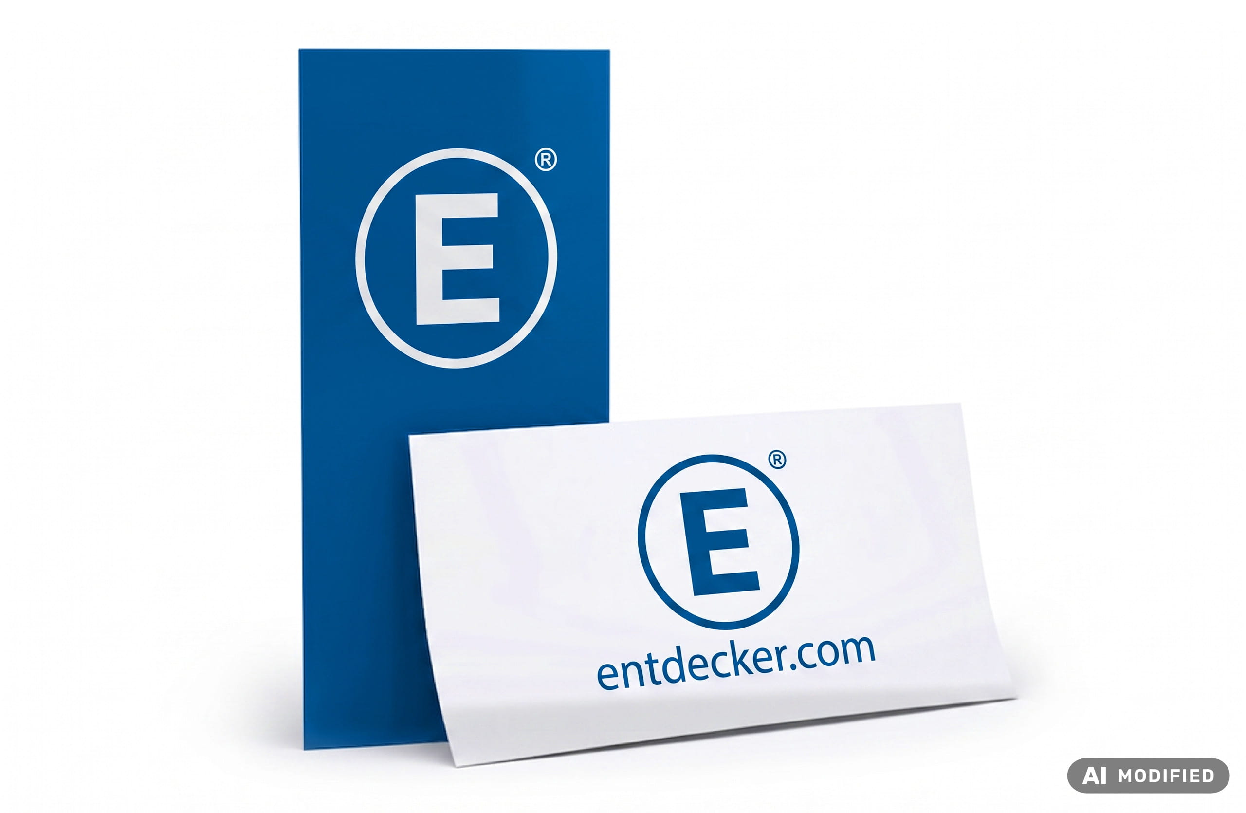 Zwei rechteckige Flyer in blau und weiß mit Entdecker Logo