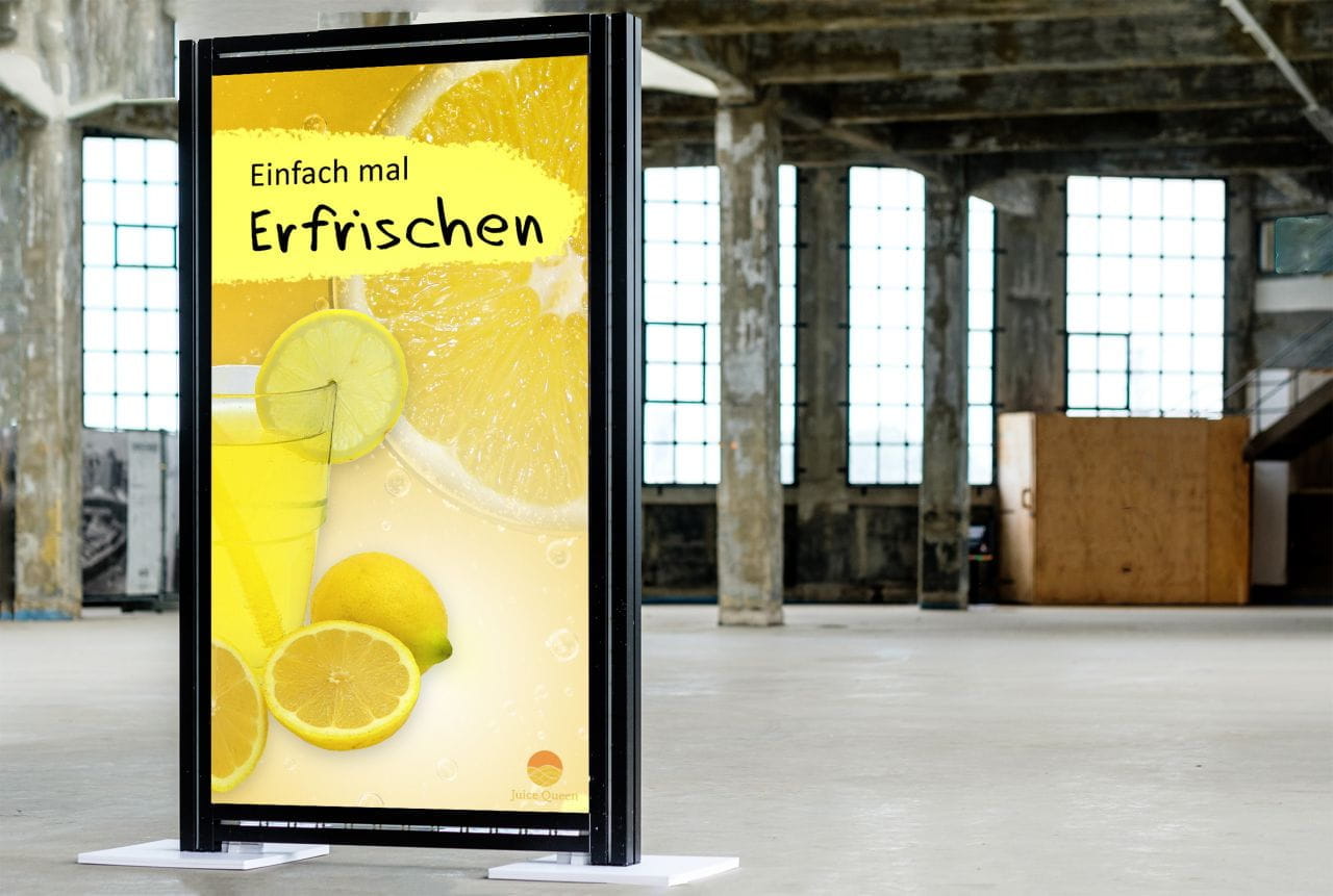 Inhaker Aufsteller Inhaker Aufsteller mit dem Text 'Einfach mal Erfrischen' und einem Bild von Zitronen und einem Getränk.