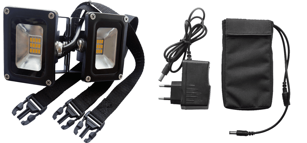 Vent Zelt Led Beleuchtung Vento Zelt LED Beleuchtung mit zwei Scheinwerfern, Netzteil und Kabel in schwarzem Aufbewahrungssack.