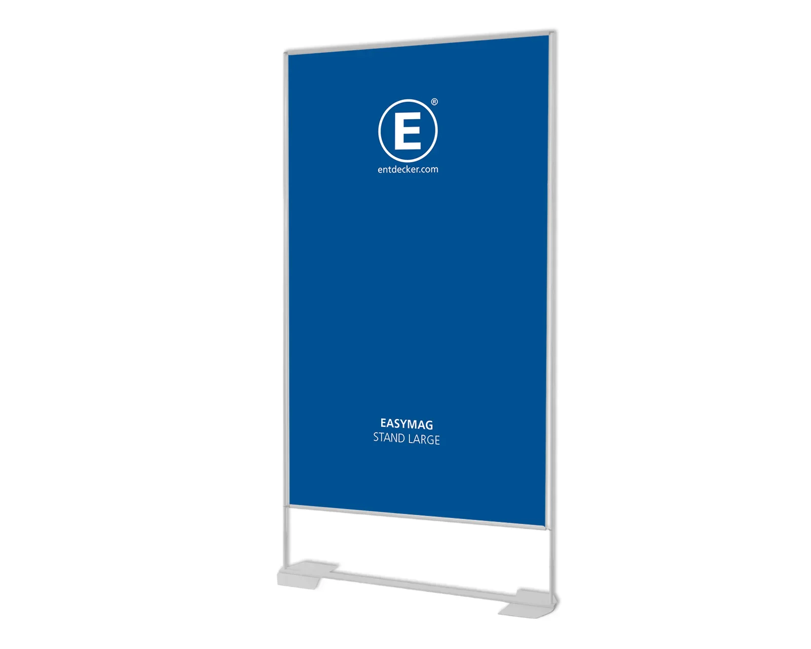 Zum Produkt "Easymag Aufsteller" Easymag Aufsteller in Blau mit weißem Rahmen und dem Logo von ENTDECKER.