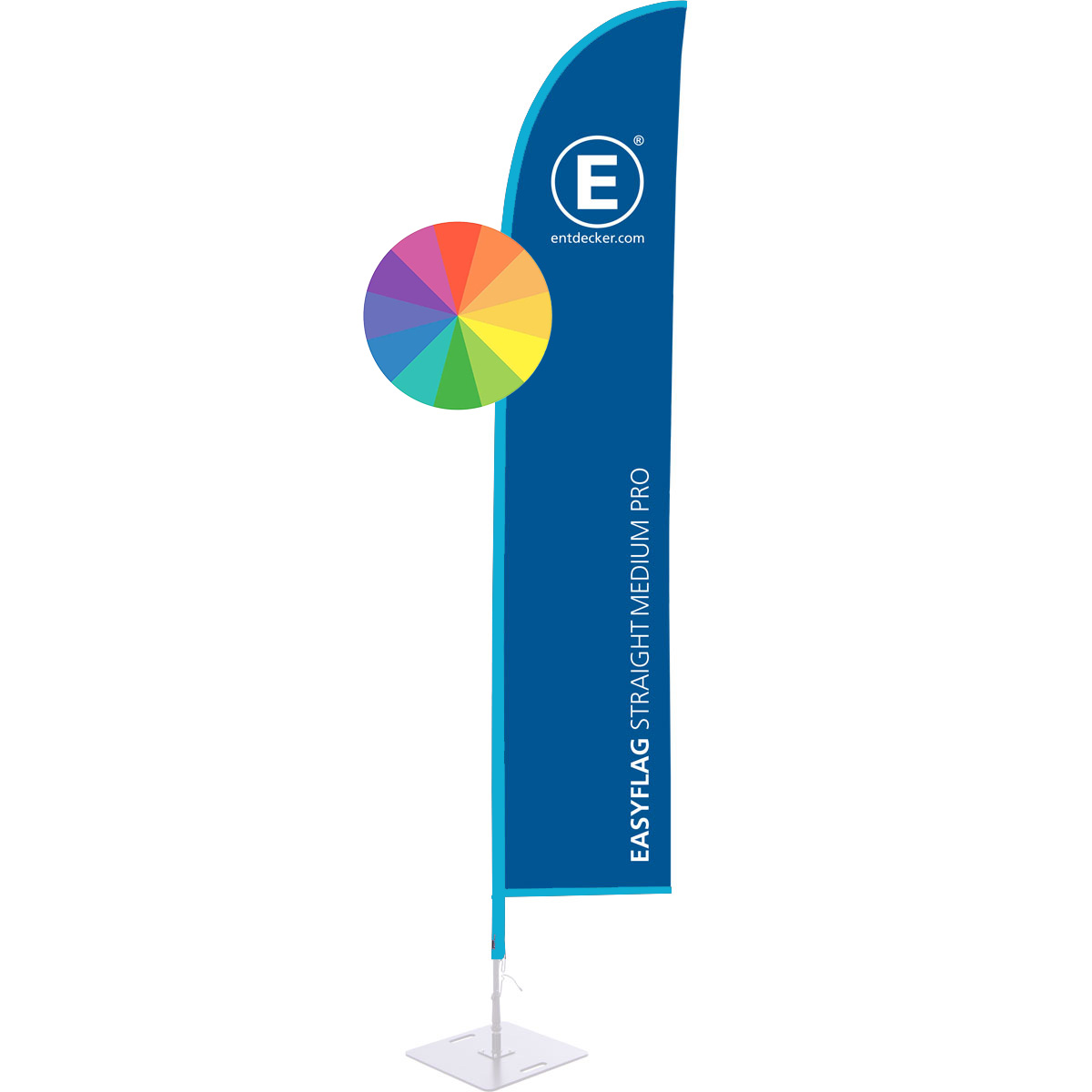 Beachflag in Segelform, einseitig bedruckt, von der Marke ENTDECKER, mit blauem Design und dem Schriftzug EASYFLAG STRAIGHT MEDIUM PRO.